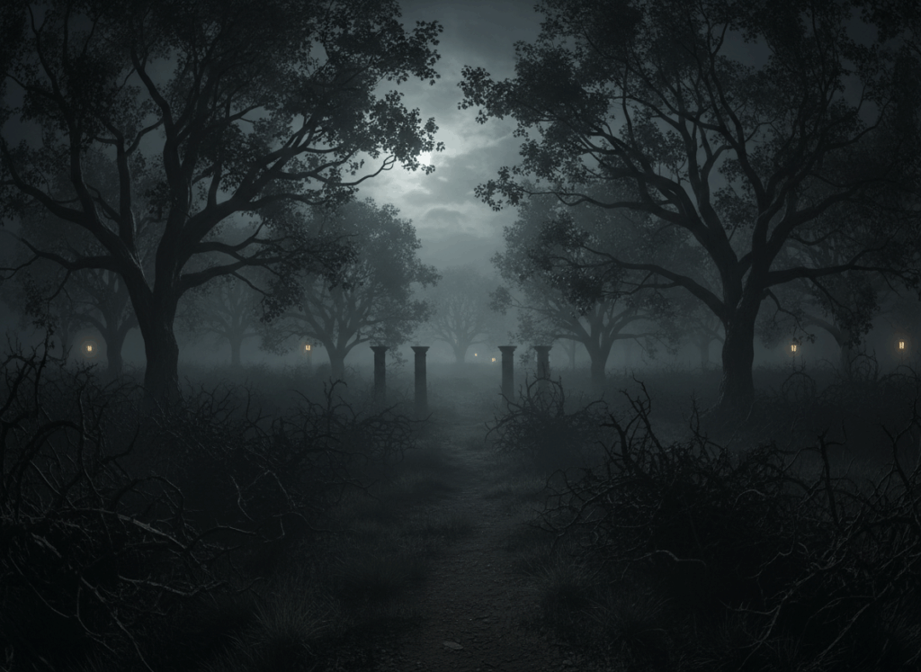 firefly gemini flash the night the park scary and mysterious park with a lot of tree and bush 748611