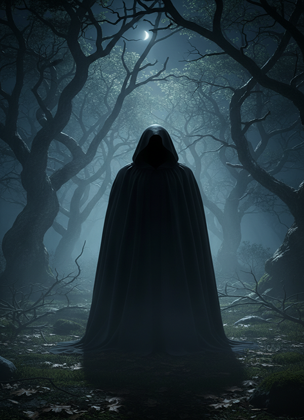 in a dark, misty forest, wearing a flowing black cape. t 896381
