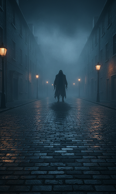 midnight, dim street lamps casting weak, flickering 896381