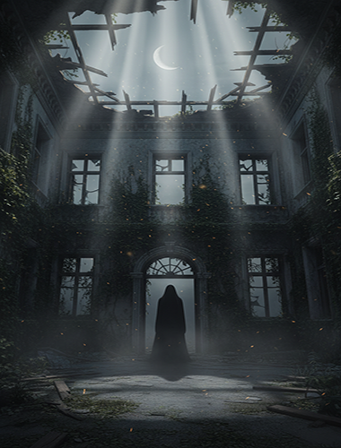 old, abandoned mansion at dusk, broken windows and decaying walls covered in ivy. 896381
