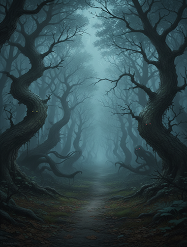twisted trees with gnarled branches, faint glowing ey 896381