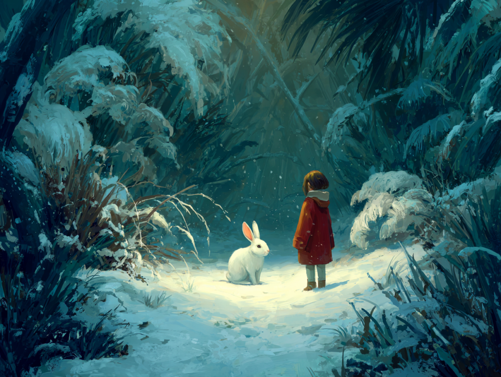 small white rabbit in snowy jungle and a girl far